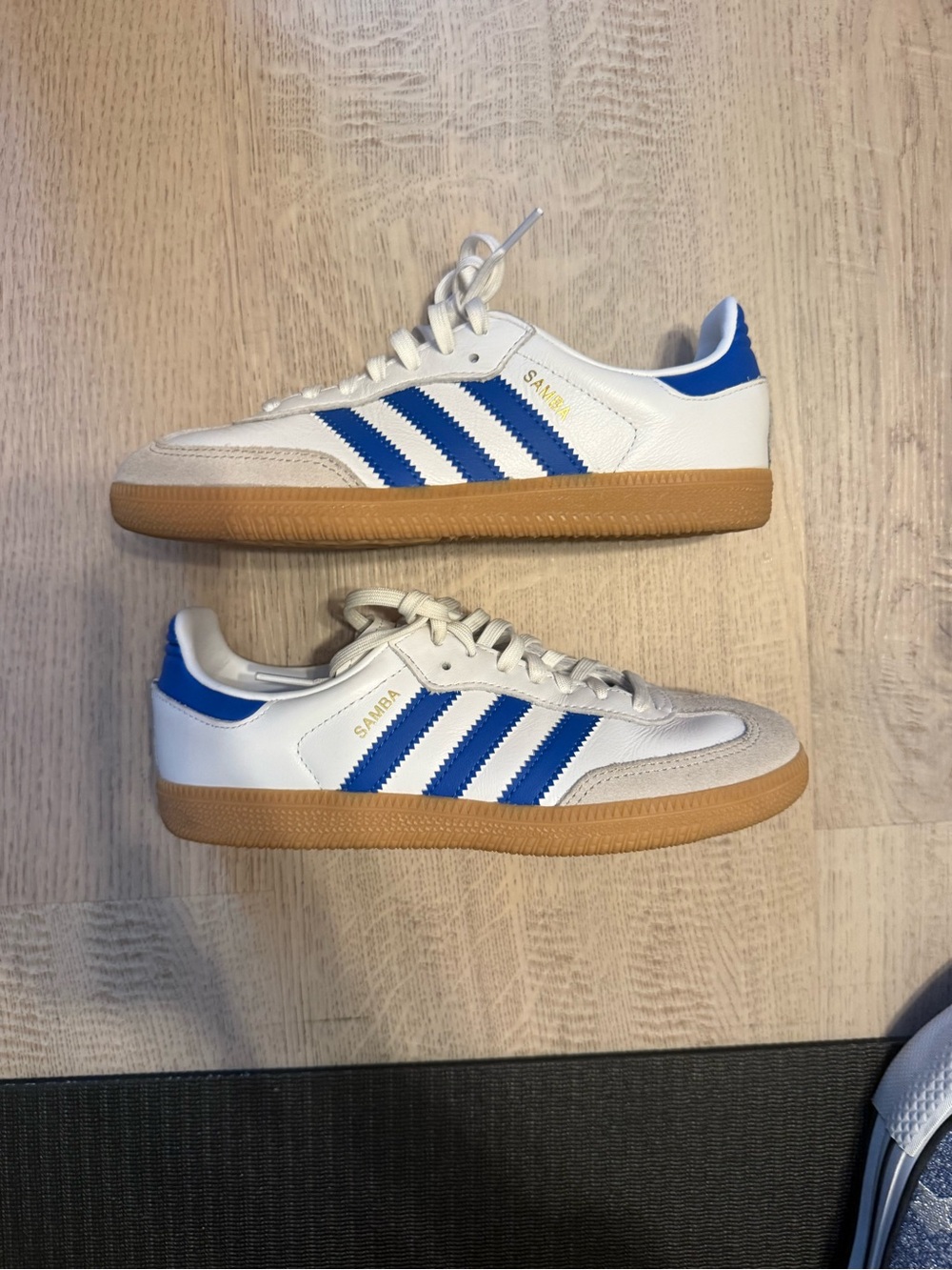 adidas White & Blue Samba Sneakers with Gum Sole
